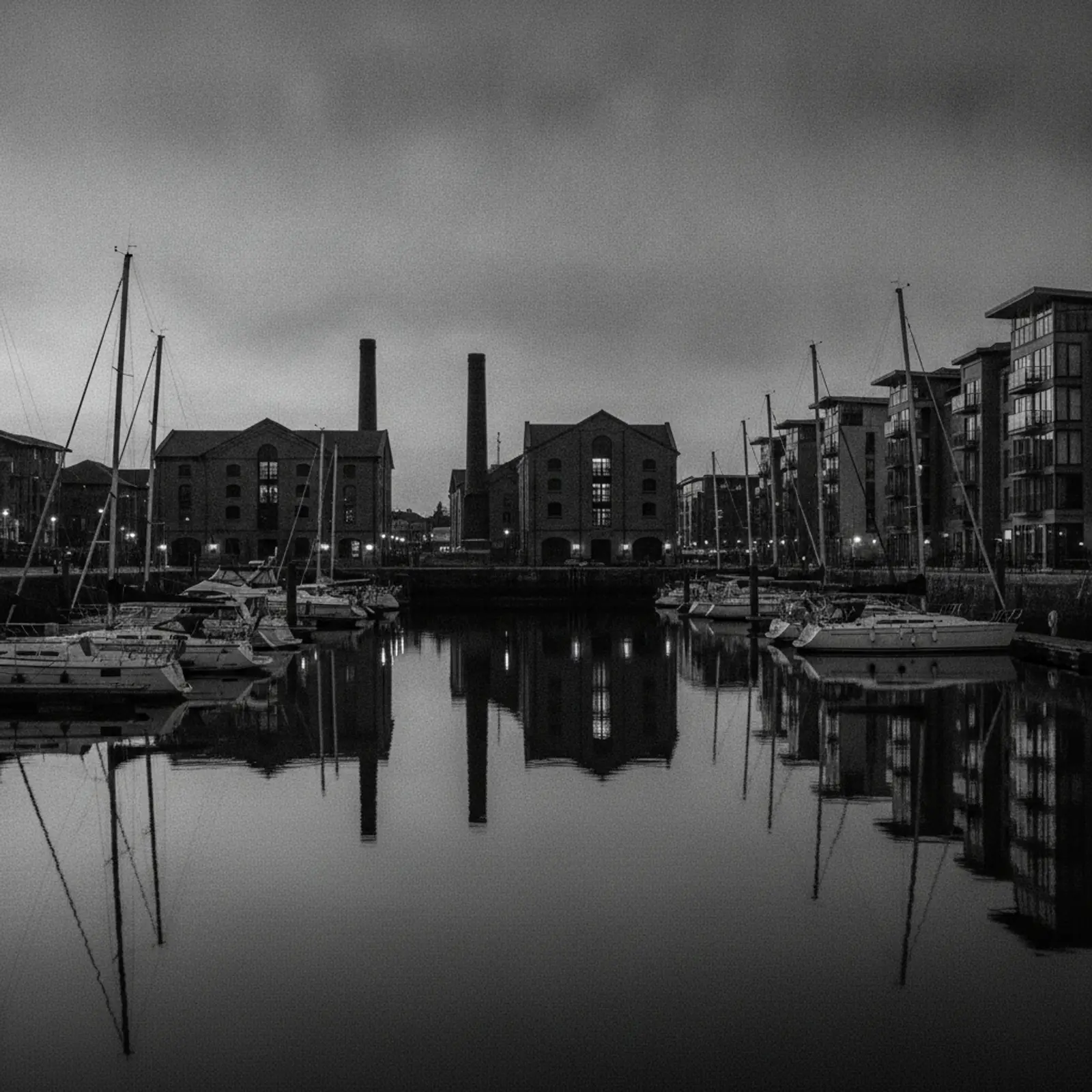 Yachts moored on the Ipswich Wet Dock in front of converted warehouses and new apartments