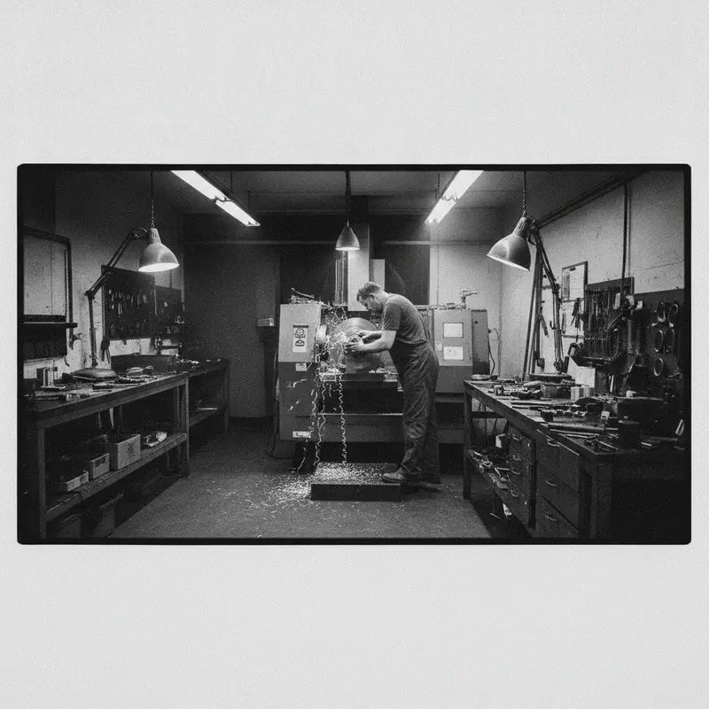 A machinist operating a CNC lathe in a small engineering workshop